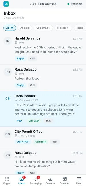 Cannon VoIP app: Inbox