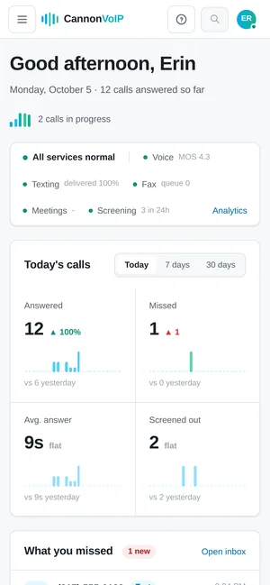 Cannon VoIP portal dashboard on a phone