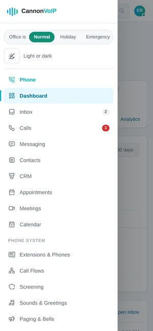 Cannon VoIP portal menu drawer on a phone
