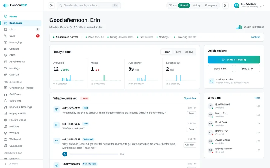 The dashboard: today's calls, what you missed and who's on