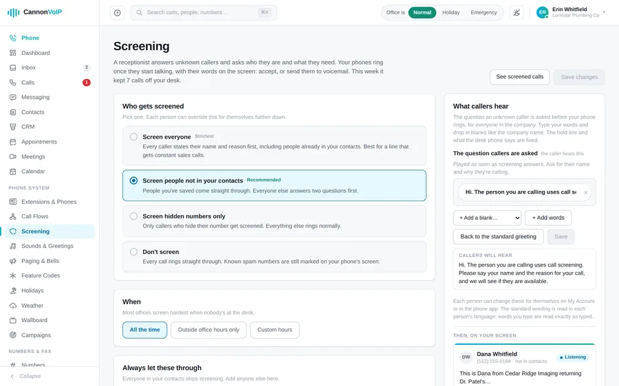 Call screening settings