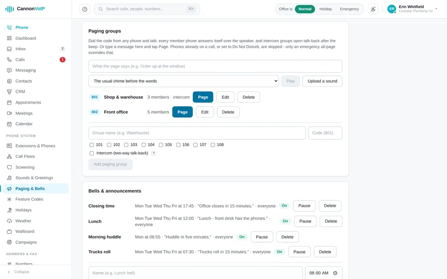 Paging groups and scheduled bells